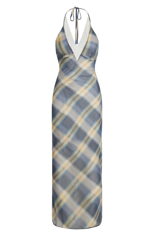 Lioness Shoreline Plaid Lace Trim Halter Maxi Dress In Blue