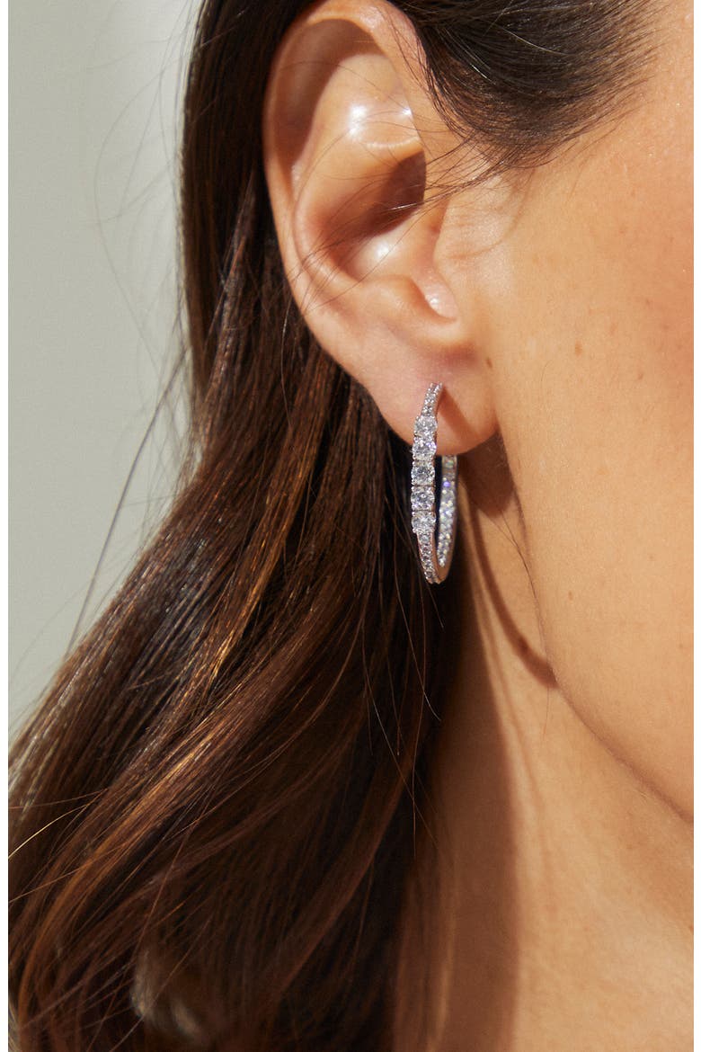 Love All Cubic Zirconia Medium Hoop Inside Out Earrings, Alternate, color, RHODIUM