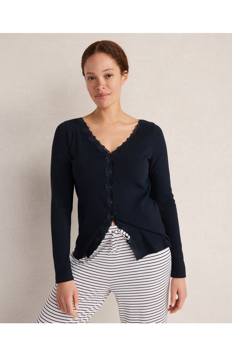 Haven Well Within Organic Cotton Rib Knit Lace Cardigan, Main, color, Nightfall