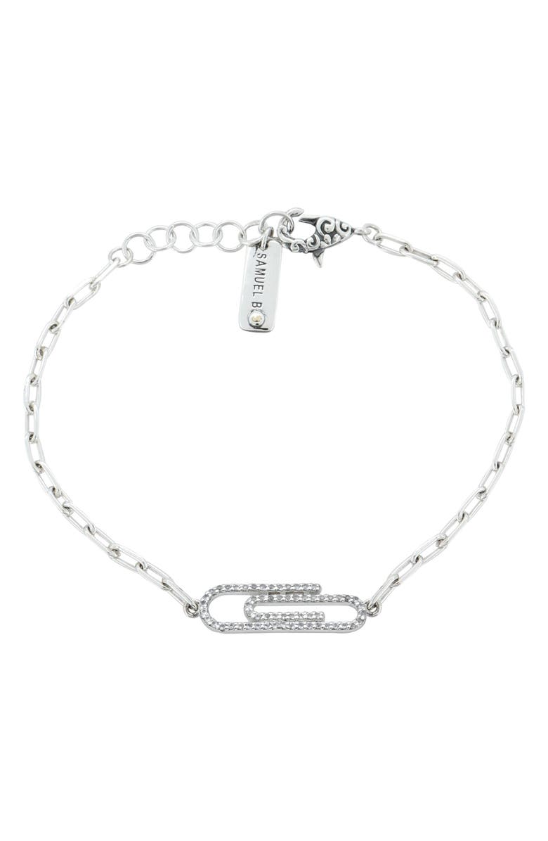 SAMUEL B. White Topaz Paper Clip Charm Bracelet, Main, color, White/ Silver