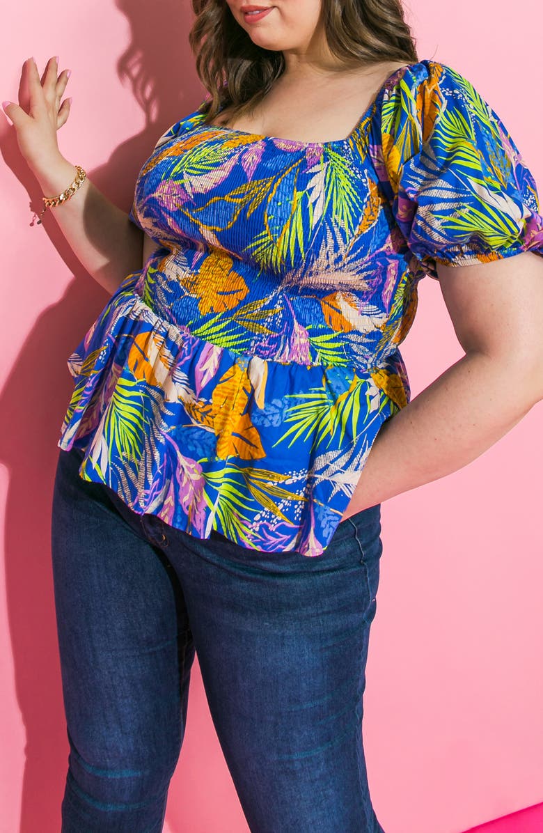 FLYING TOMATO Smocked Puff Sleeve Cotton Poplin Top, Alternate, color, Blue