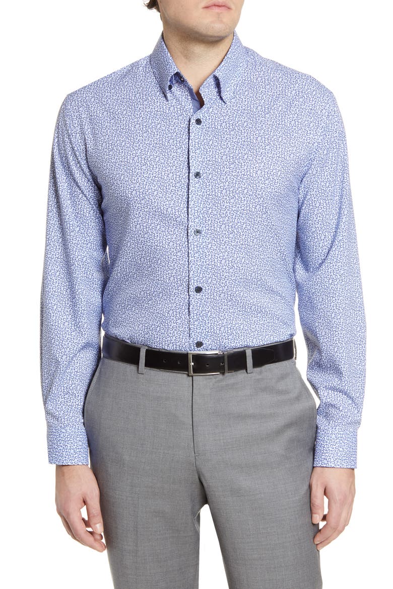 Trim Fit Performance Paisley Dress Shirt, Main, color, BLUE