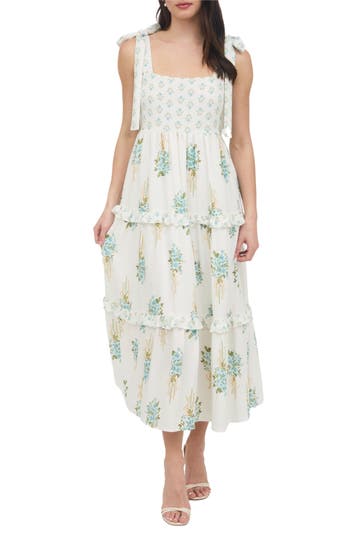 August Sky Floral Bow Strap Maxi Dress In Light Sage Multi