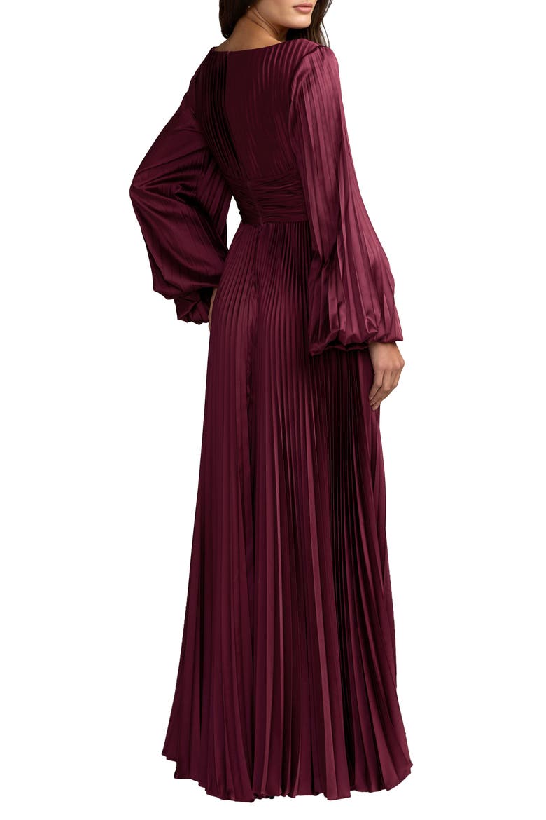 Pleated Satin Long Sleeve Gown, Alternate, color, Wine