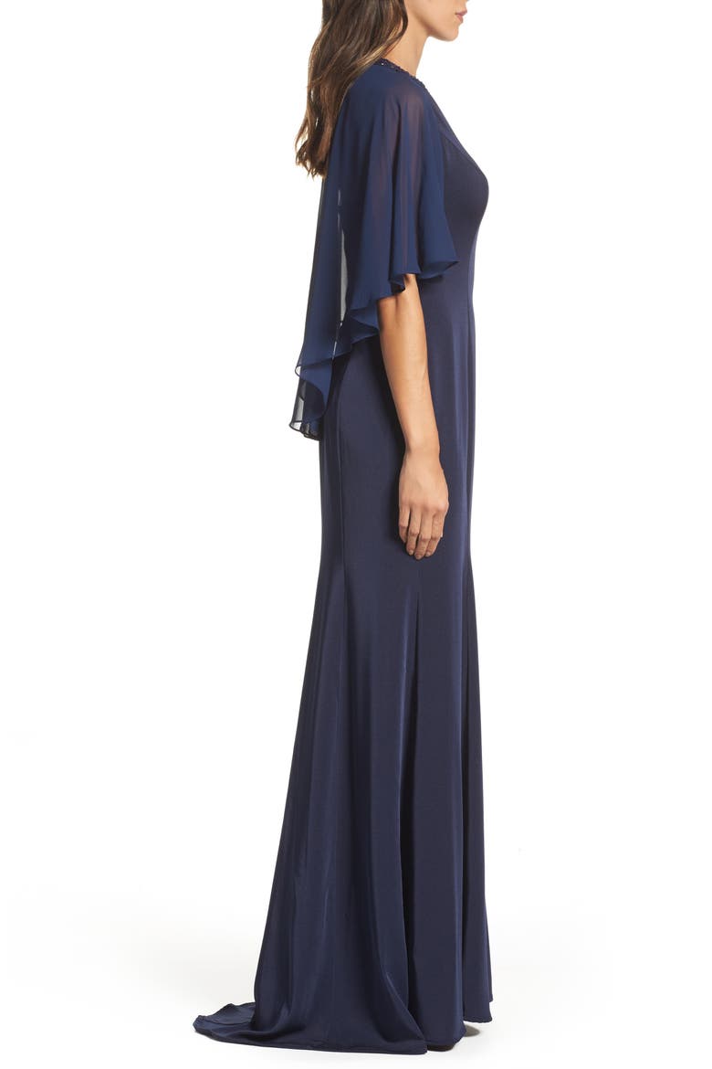 Illusion Cape Trumpet Gown, Alternate, color, NAVY