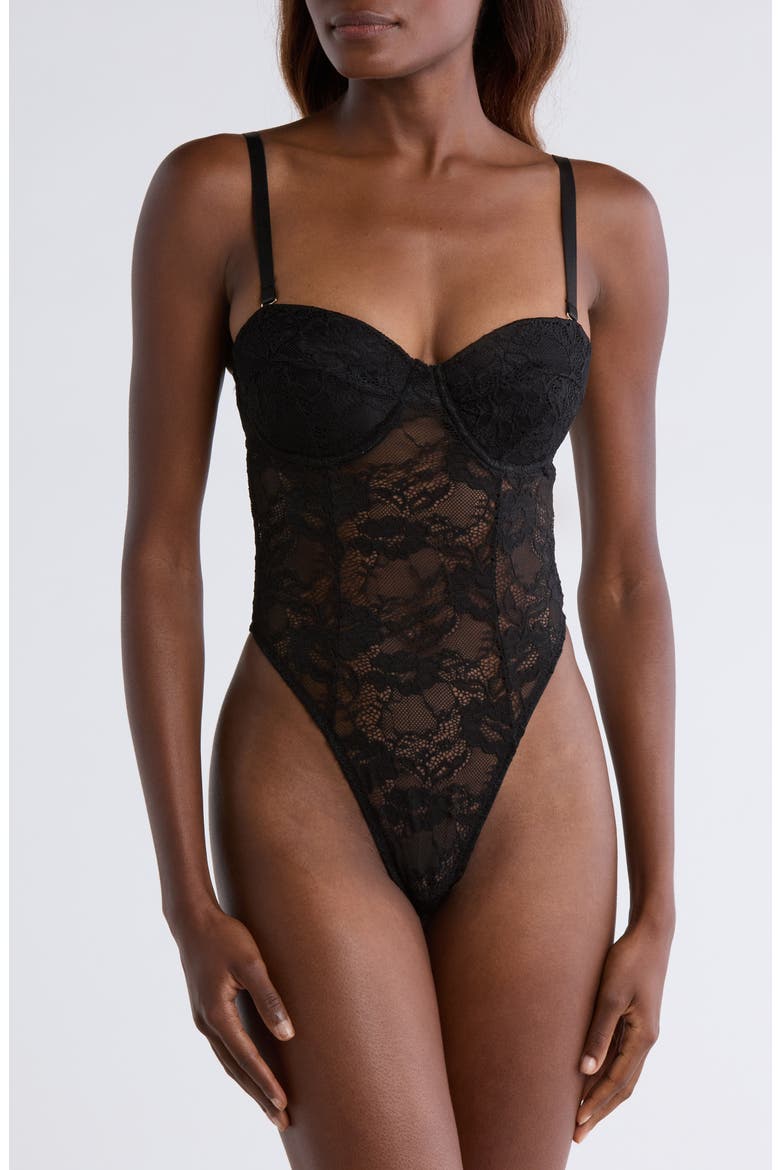 Lace Underwire Teddy with Removable Neck Piece, Alternate, color, BLACK