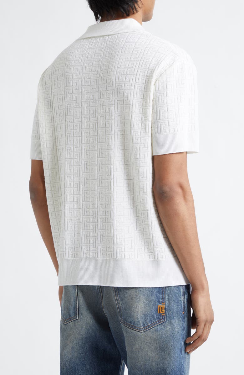 Balmain Monogram Jacquard Merino Wool Blend Polo, Alternate, color, Natural