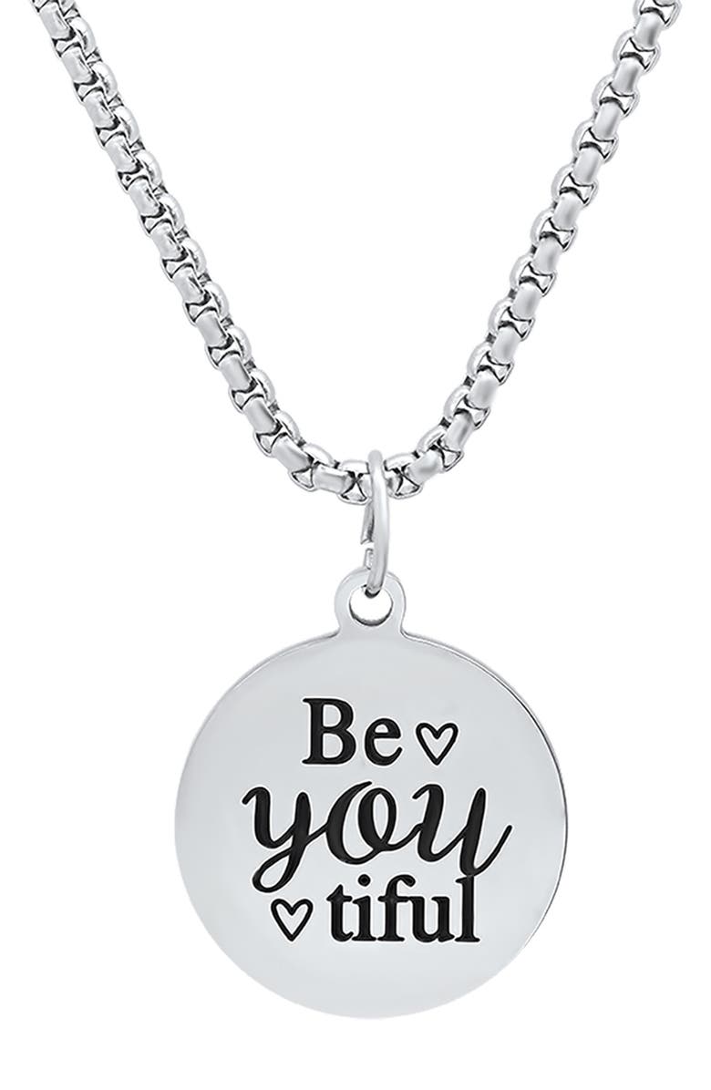 HMY JEWELRY Stainless Steel Be You Tiful Pendant Necklace, Main, color, Metallic