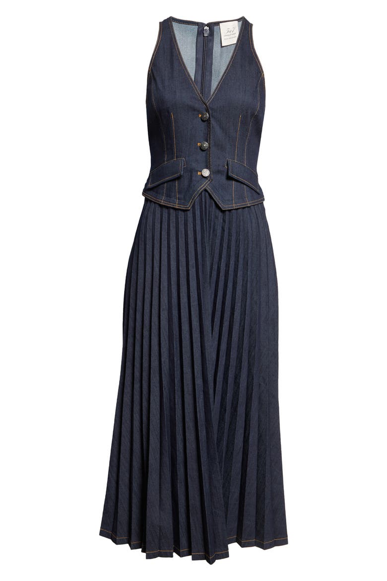 Esther Sleeveless Pleated Denim Midi Dress, Alternate, color, INDIGO