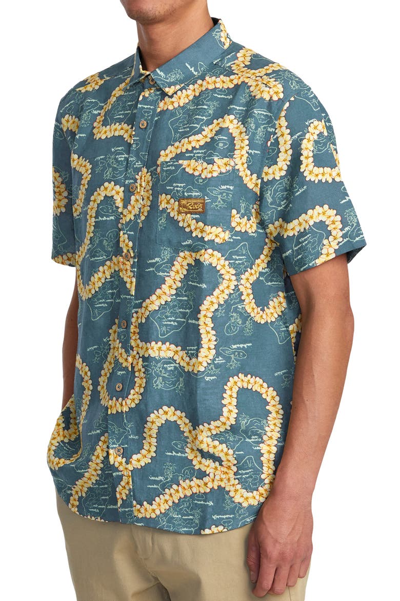 Exotica Regular Fit Floral Short Sleeve Linen Blend Button-Up Shirt, Alternate, color, DUCK BLUE