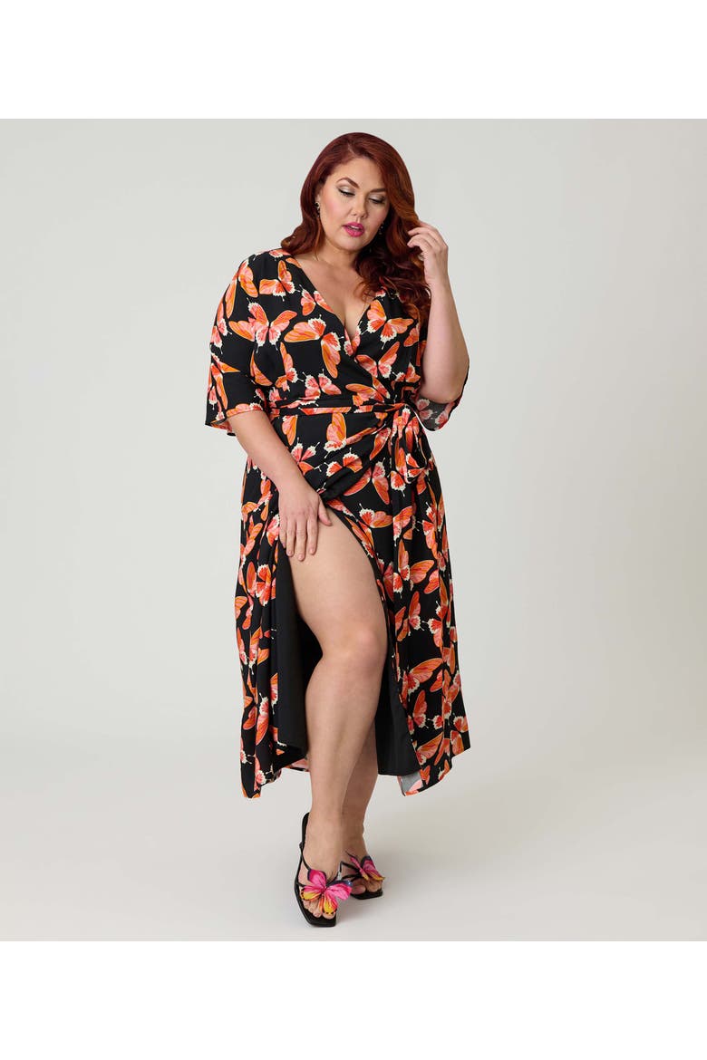 Plus Size 1970s Wrap Midi Dress, Alternate, color, Black w/ Red Butterfly Print