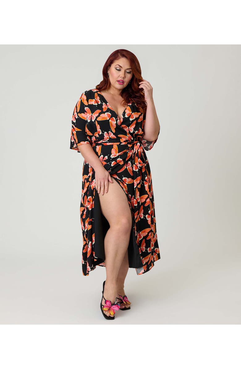 Unique Vintage Plus Size 1970s Wrap Midi Dress, Alternate, color, Black W/ Red Butterfly Print