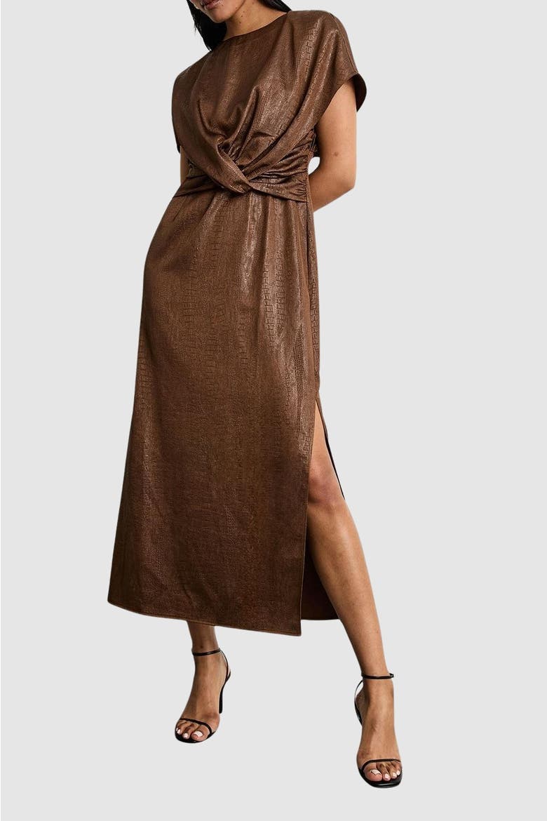 Leather Look Twist Front Midi Dress, Alternate, color, Chocolate