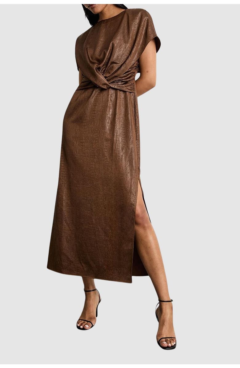 Warehouse Leather Look Twist Front Midi Dress, Alternate, color, Chocolate