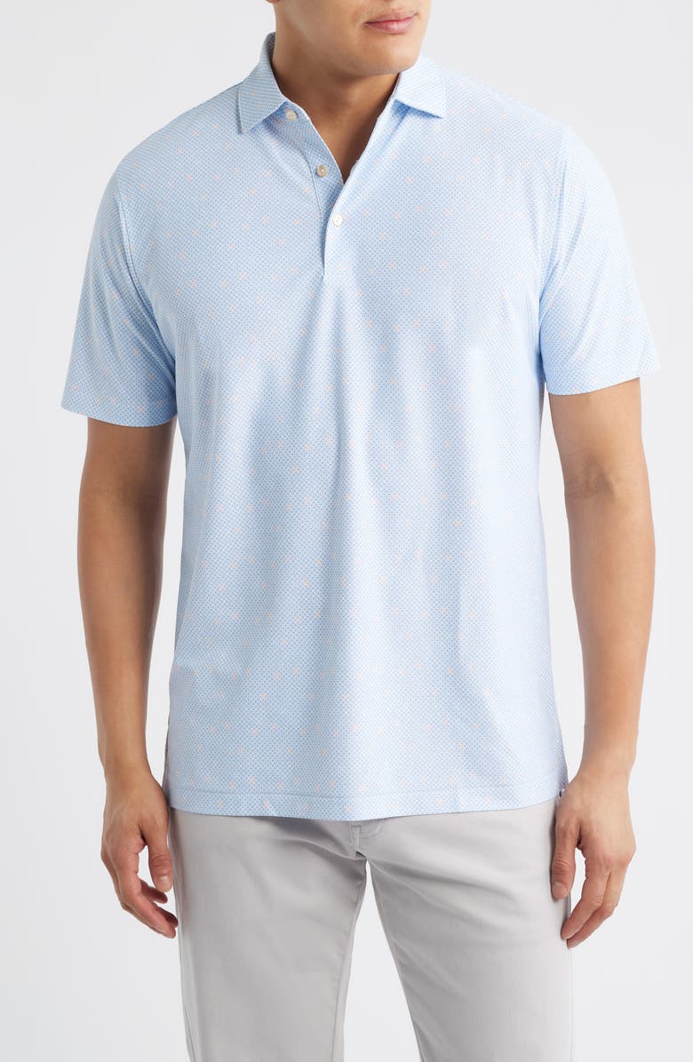 Peter Millar Santiago Geo Print Performance Piqué Golf Polo, Main, color, White / Bluebird