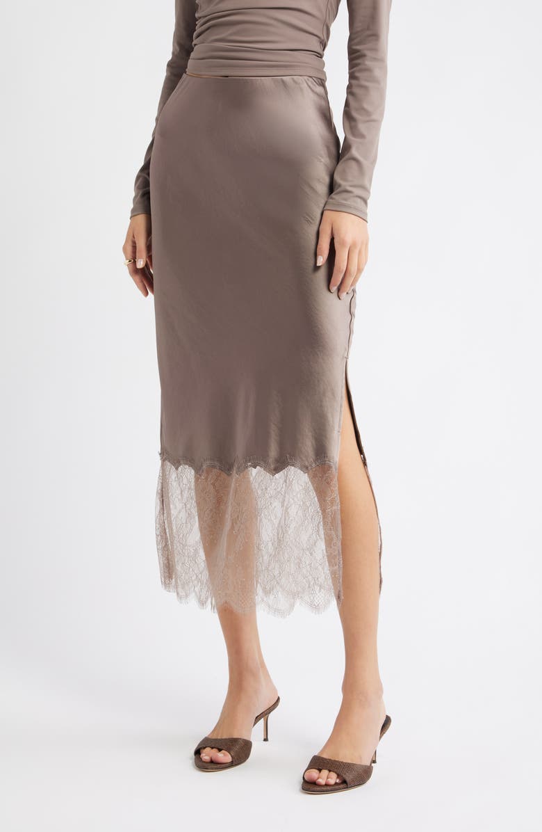 Open Edit Lace Trim Satin Midi Skirt, Alternate, color, Tan Dusk