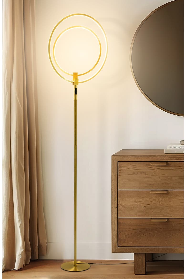 Eclipse 79" LED Industrial Dimmable Floor Lamp with 2 Height Adjustable Orbital Heads, Alternate, color, Antique Brass