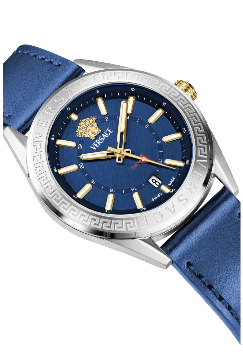 V-Code GMT Leather Strap Watch, 42mm, Alternate, color, BLUE-SILVER