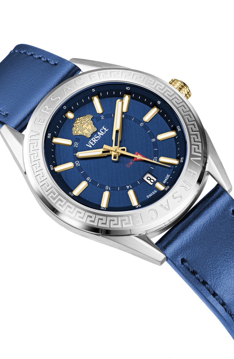 Versace V-Code GMT Leather Strap Watch, 42mm, Alternate, color, Blue-Silver