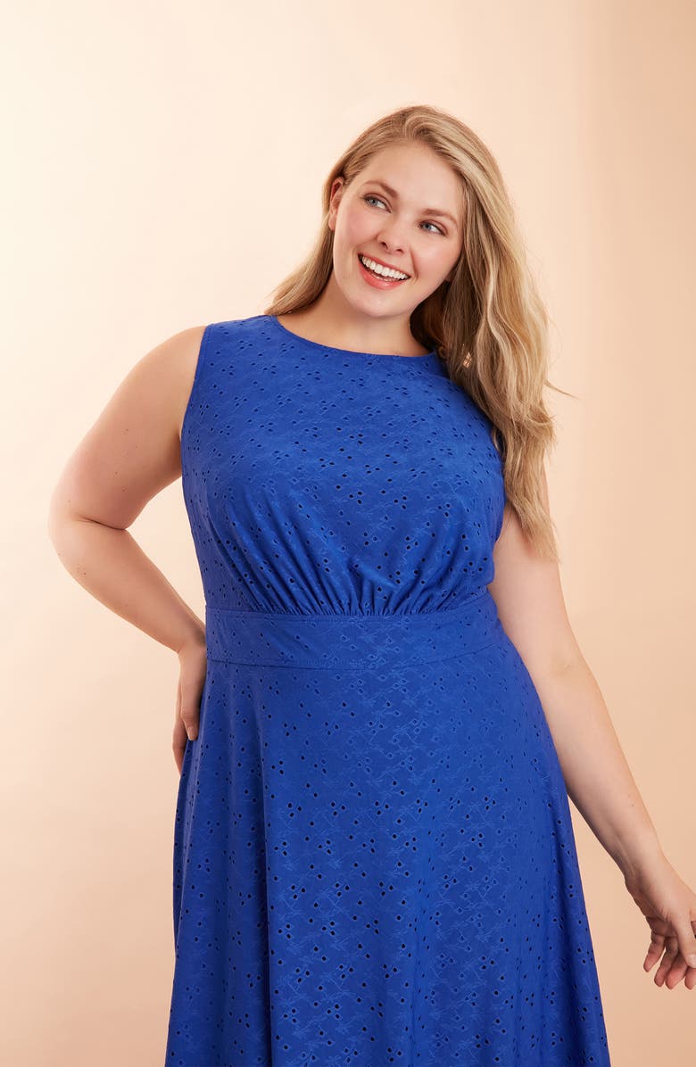 London Times Sleeveless Embroidered Eyelet Midi Dress, Alternate, color, Surf The Web