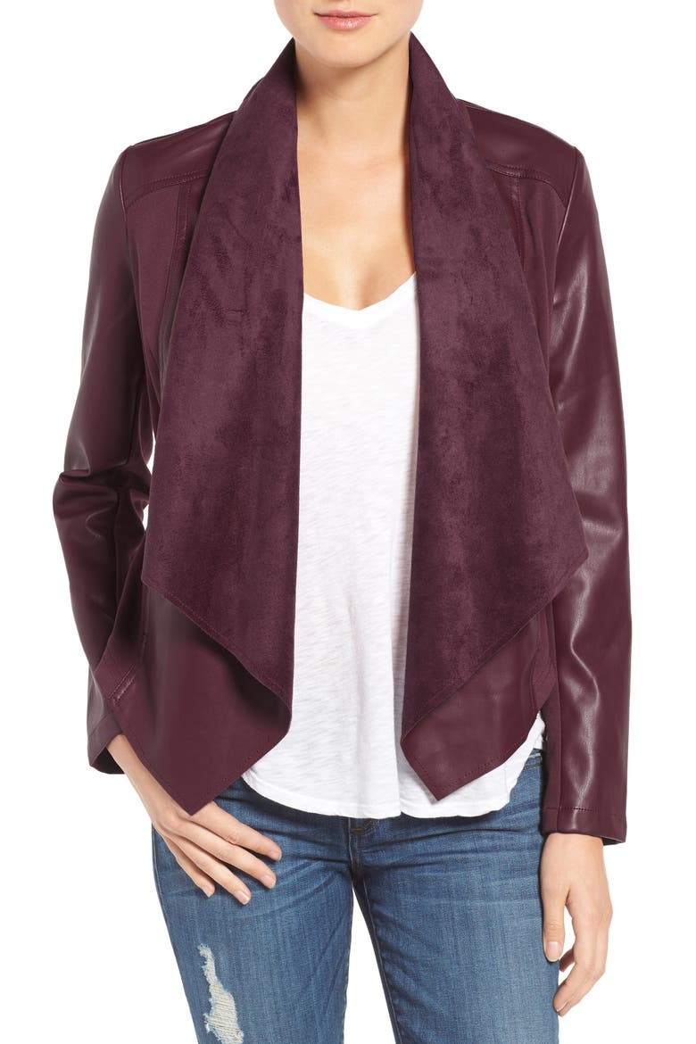'Ana' Faux Leather Drape Front Jacket, Alternate, color, BERRY