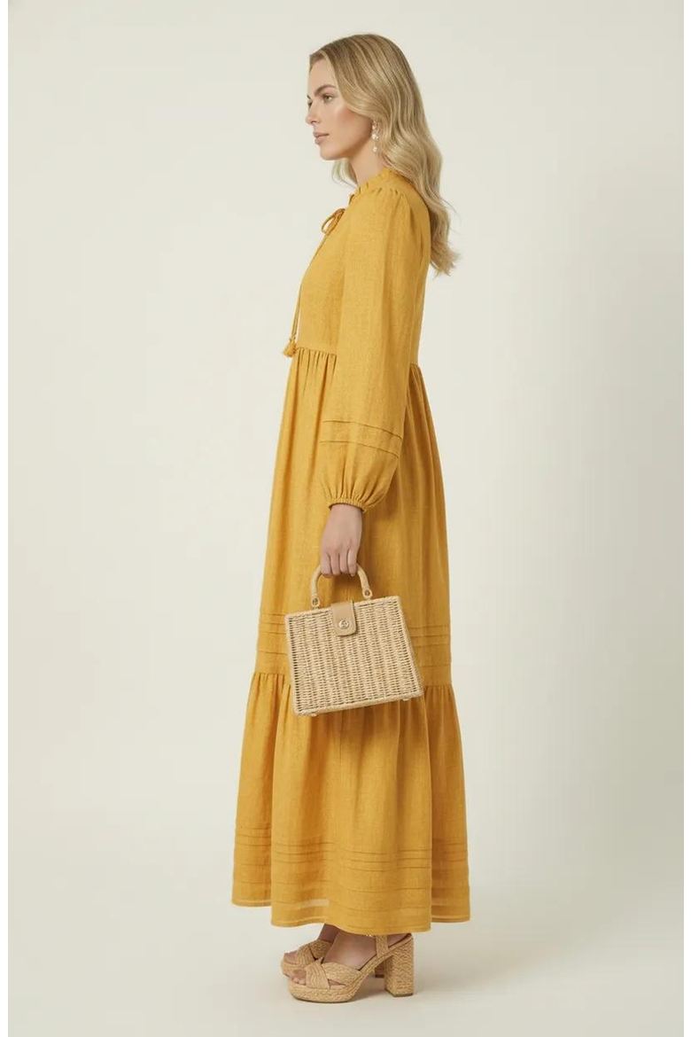Midi Shirred Neckline Tie Front Long Sleeve Tiered Hem Dress, Alternate, color, Mustard Yellow