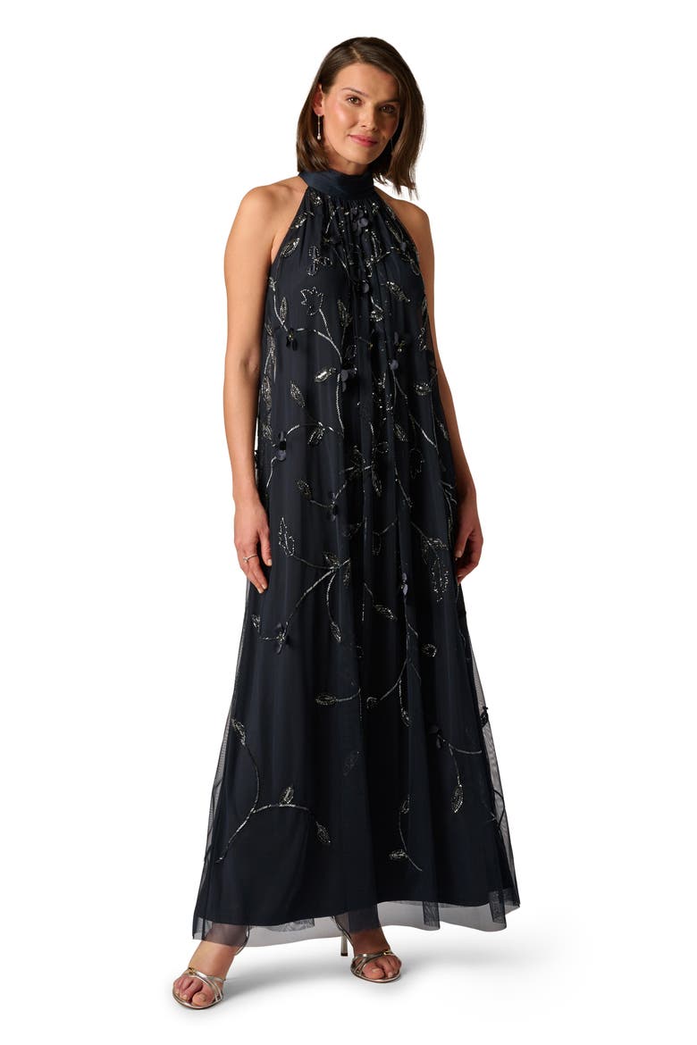 Beaded Floral Trapeze Gown, Alternate, color, MIDNIGHT