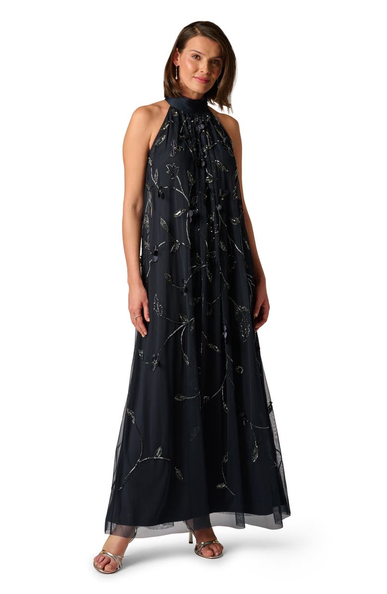 Adrianna Papell Beaded Floral Trapeze Gown, Alternate, color, Midnight