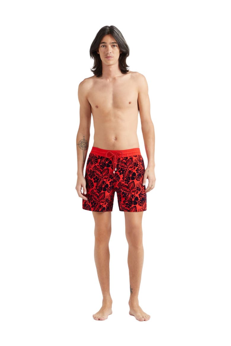 Men's Flowers Flocked Swim Shorts, Main, color, COQUELICOT