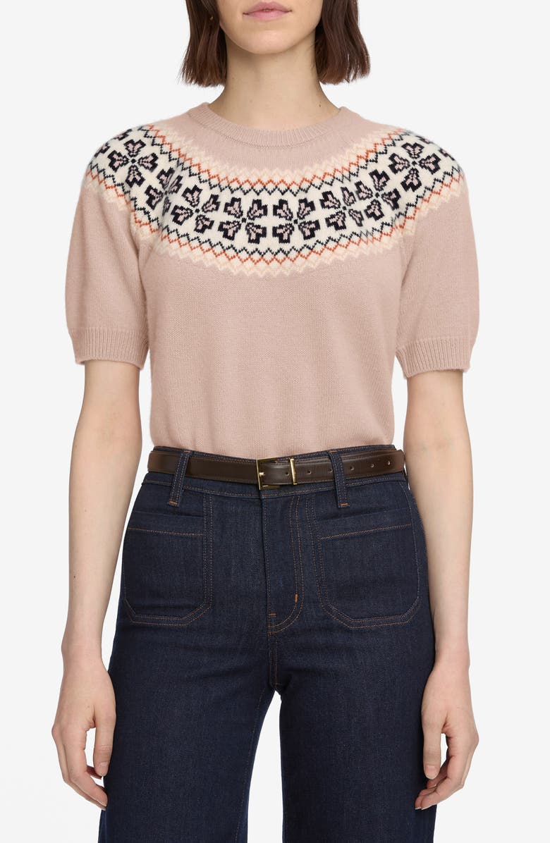 FRAME The Fair Isle Short Sleeve Cashmere Sweater, Main, color, Pink Sand