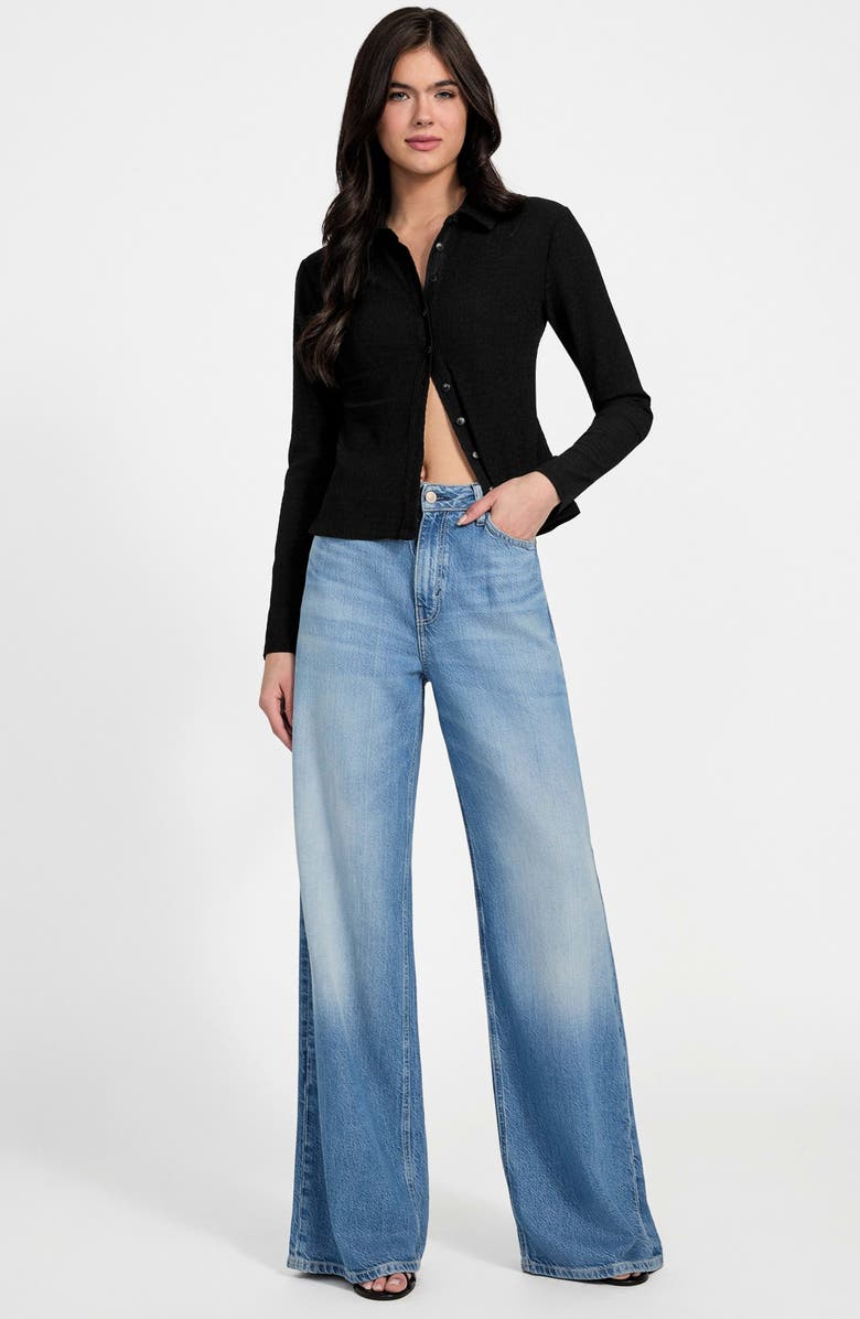 GUESS Tessa Floral Smocked Button-Up Shirt, Alternate, color, Jet Black