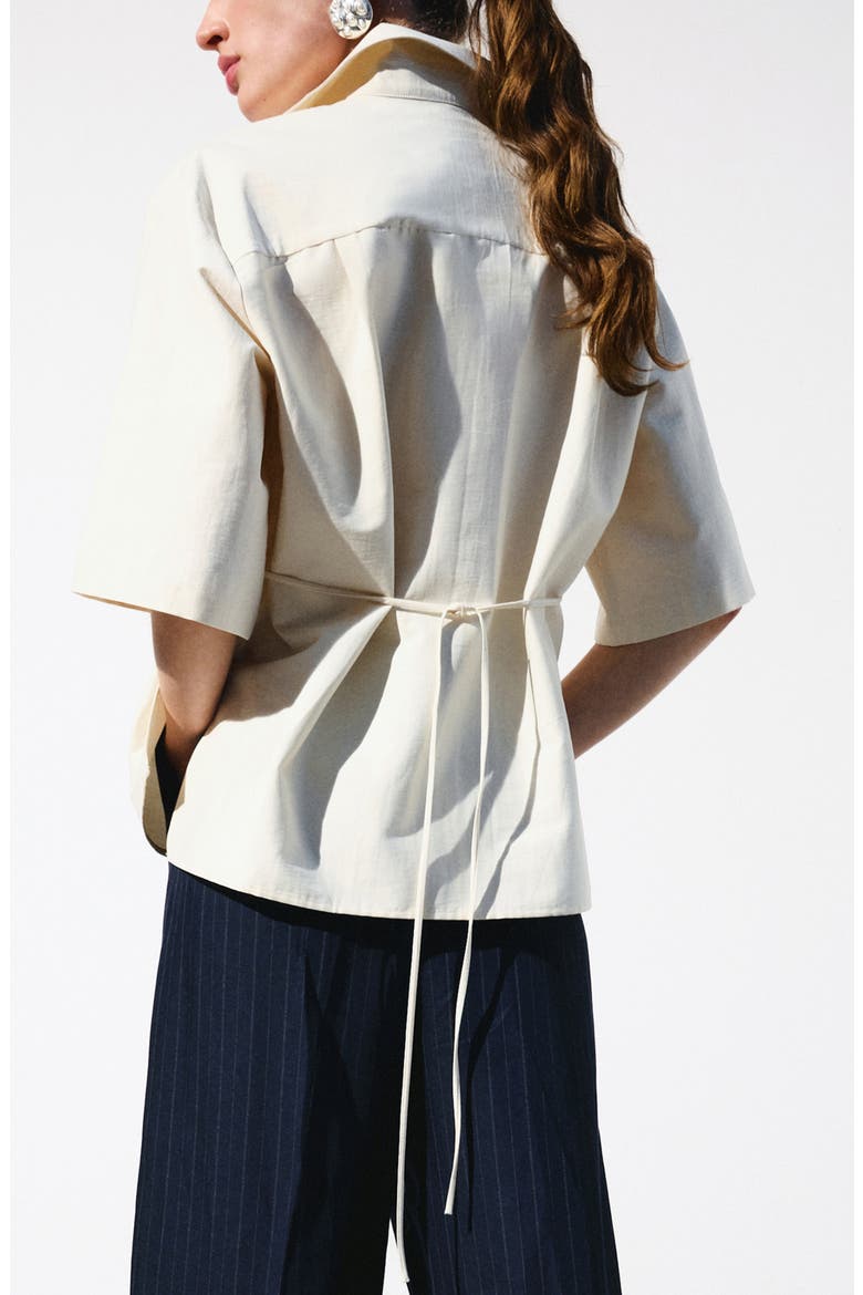 Cotton Blend Tie Back Button-Up Shirt, Alternate, color, BEIGE