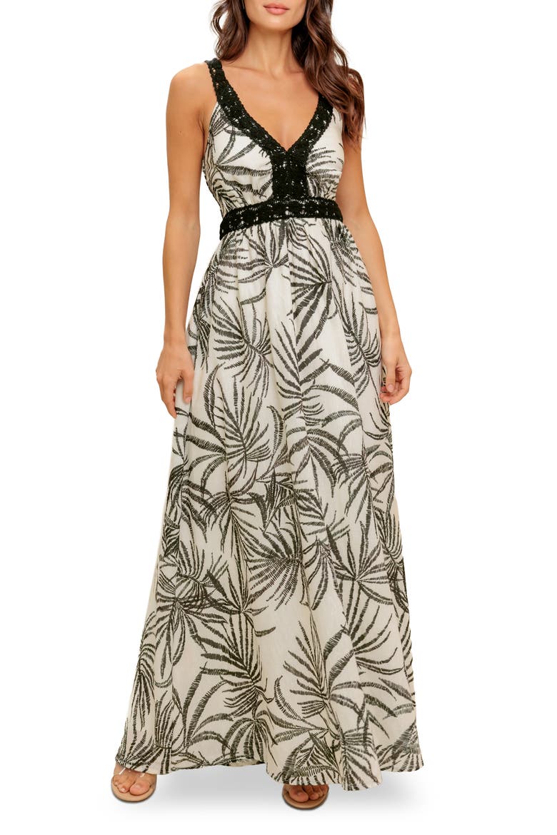 Crochet Trim Maxi Dress, Main, color, IVORY BLACK