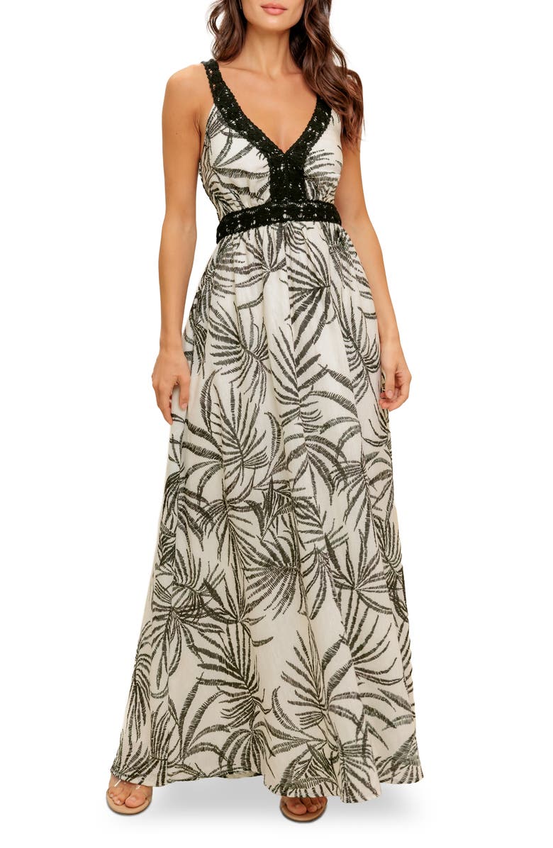 FLYING TOMATO Crochet Trim Maxi Dress, Main, color, Ivory Black