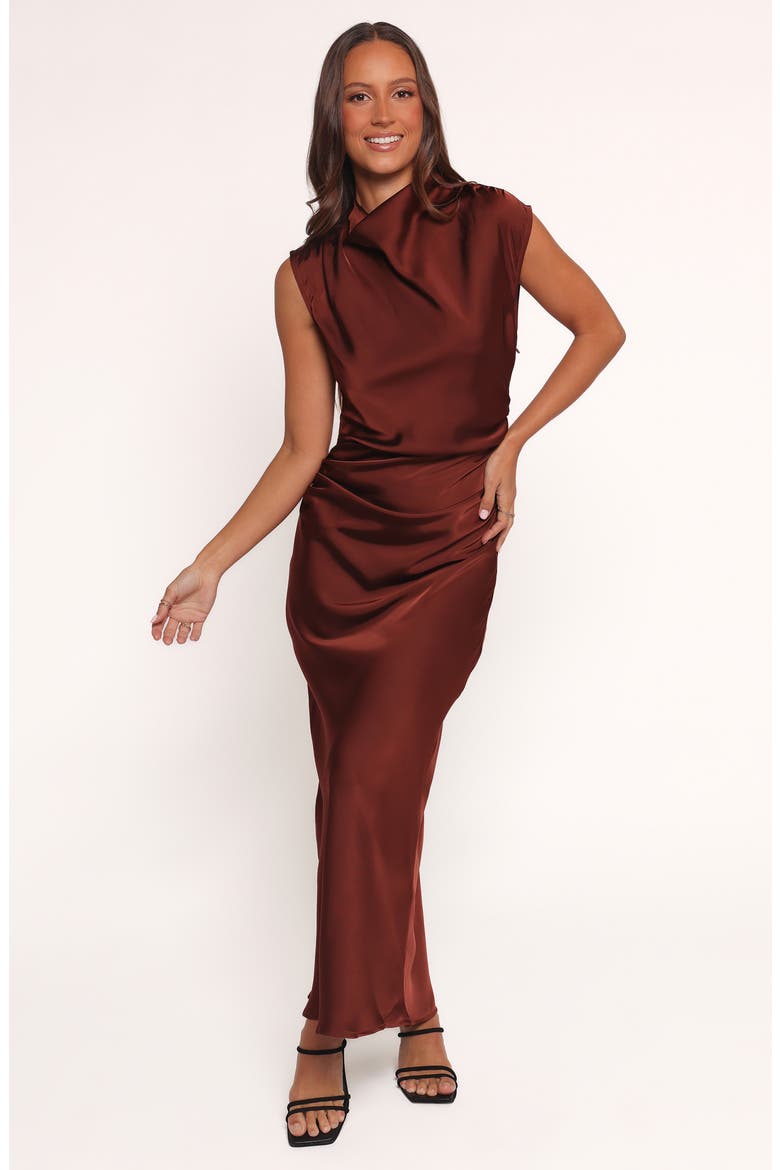 Meryn Ruched Satin Maxi Dress, Alternate, color, BROWN
