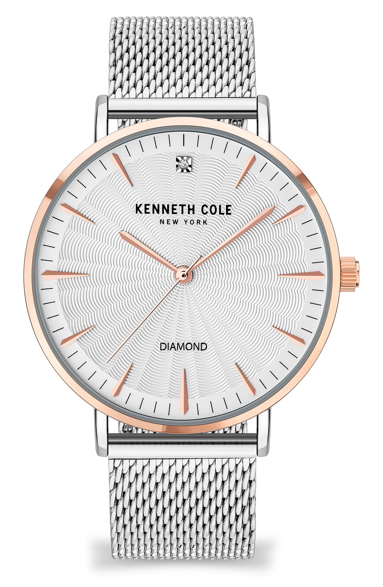 Three Hand Quartz Diamond Dial Mesh Strap Watch, 42mm