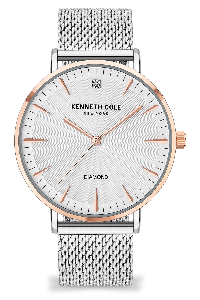 Three Hand Quartz Diamond Dial Mesh Strap Watch, 42mm, Main, color, SILVER