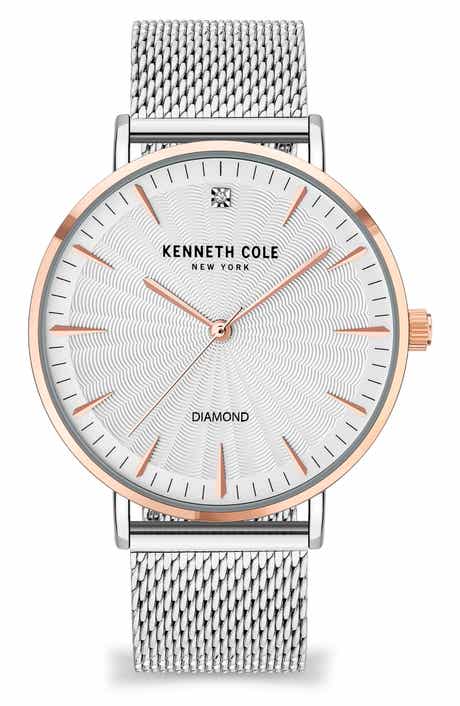 Three Hand Quartz Diamond Dial Mesh Strap Watch, 42mm