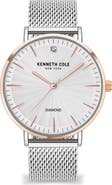 Kenneth Cole New York Three Hand Quartz Diamond Dial Mesh Strap Watch, 42mm