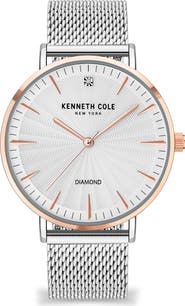 Kenneth Cole New York Three Hand Quartz Diamond Dial Mesh Strap Watch, 42mm