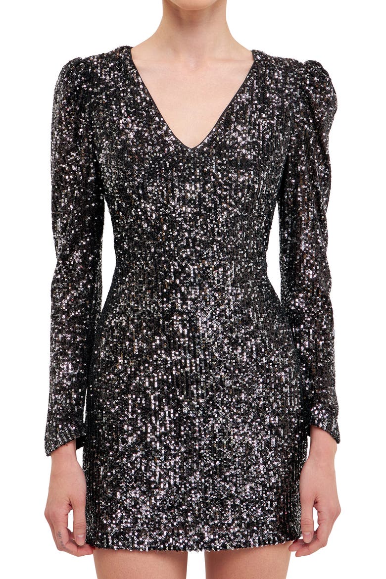 Long Sleeve Sequin Minidress, Alternate, color, BLACK