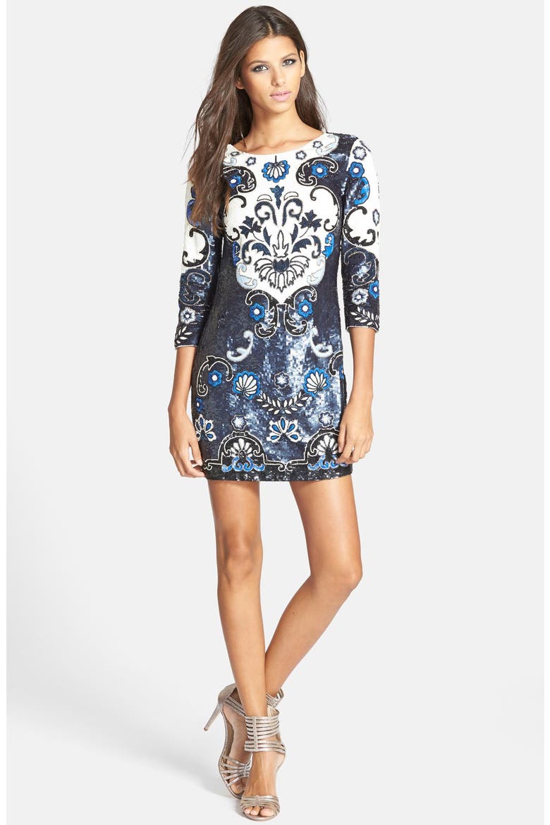 'Midnight' Floral Sequin Shift Minidress, Alternate, color, DARK BLUE
