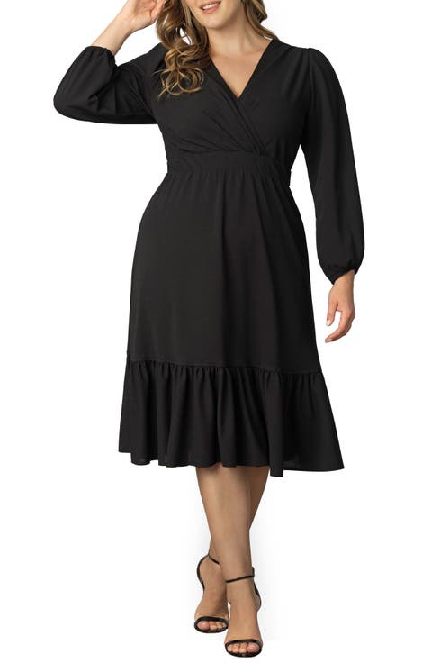 Portia Long Sleeve Midi Faux Wrap Cocktail Dress (Plus)