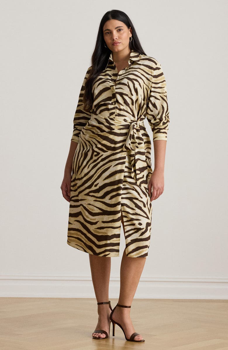 Lauren Ralph Lauren Zebra Print Tie Waist Long Sleeve Crepe Shirtdress, Alternate, color, Cream/ Brown