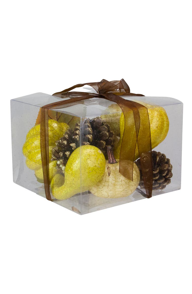 Northlight Crackled and Glittered Fall Harvest Pumpkin and Pine Cone Decoration Set - Set of 12, Main, color, White