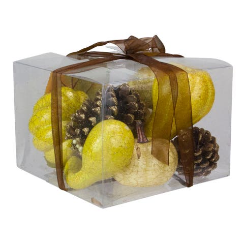 Crackled and Glittered Fall Harvest Pumpkin and Pine Cone Decoration Set - Set of 12