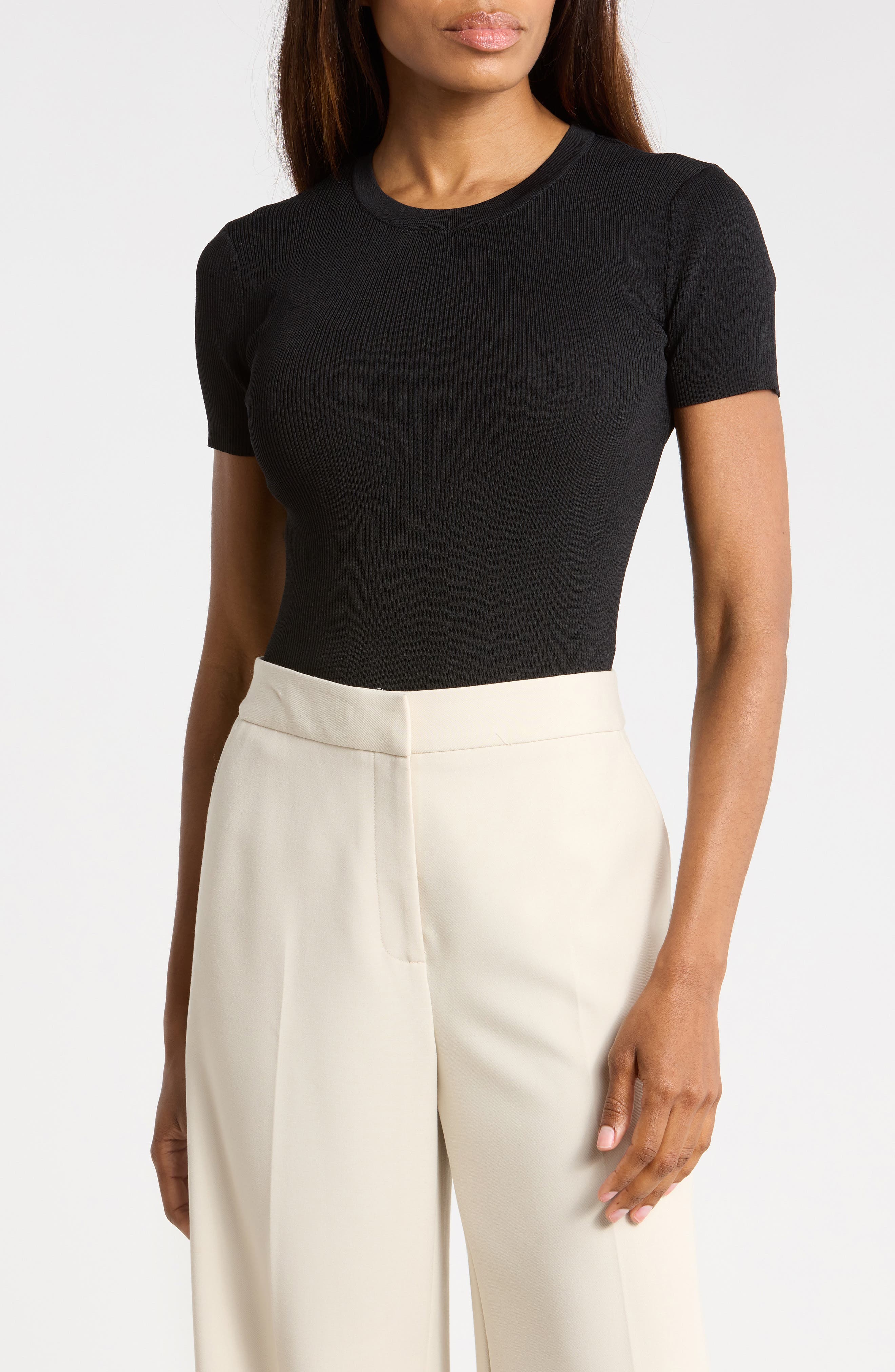 T Tahari Short Sleeve Crewneck Ribbed T-Shirt