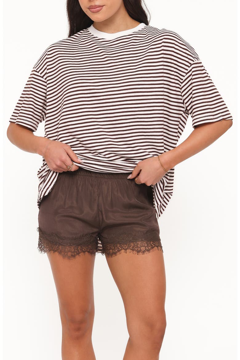 Mairead Stripe Top & Lace Detail Shorts Set, Main, color, CHOCOLATE STRIPE