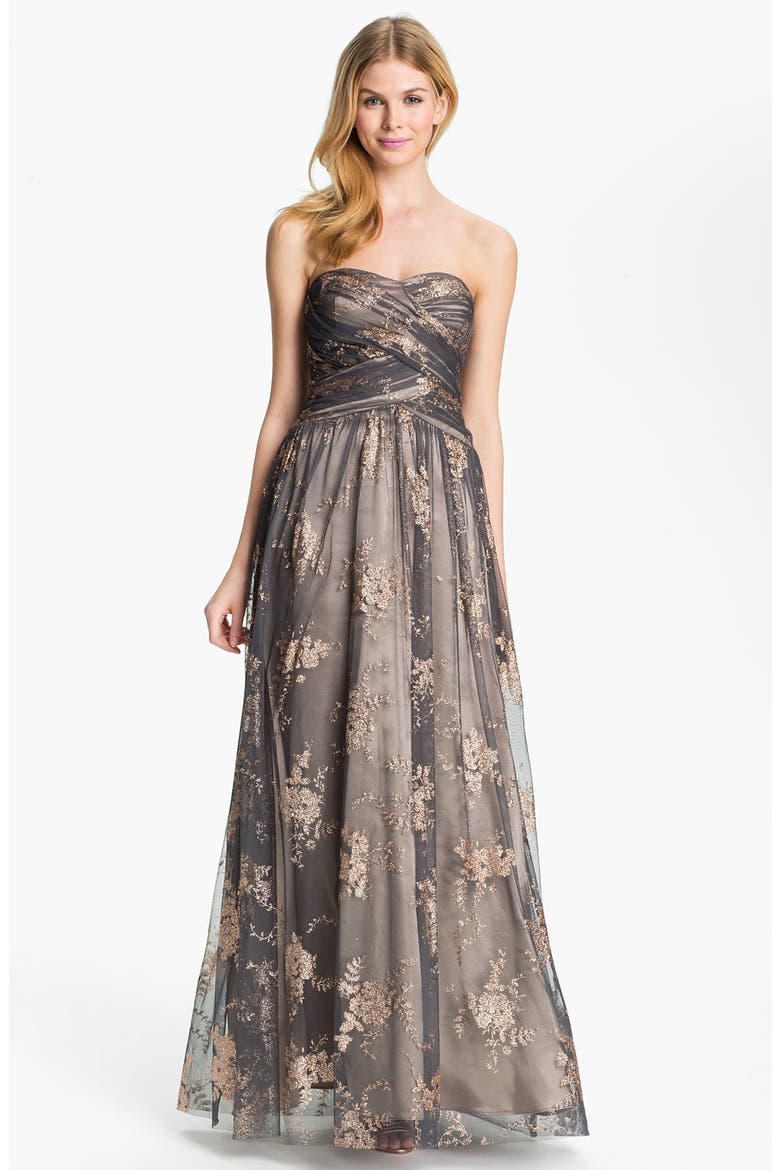 Strapless Glitter Tulle Gown, Main, color, CHARCOAL/ CHAMPAGNE
