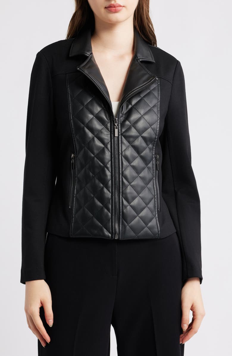 AK ANNE KLEIN Quilted Mixed Media Moto Jacket, Alternate, color,